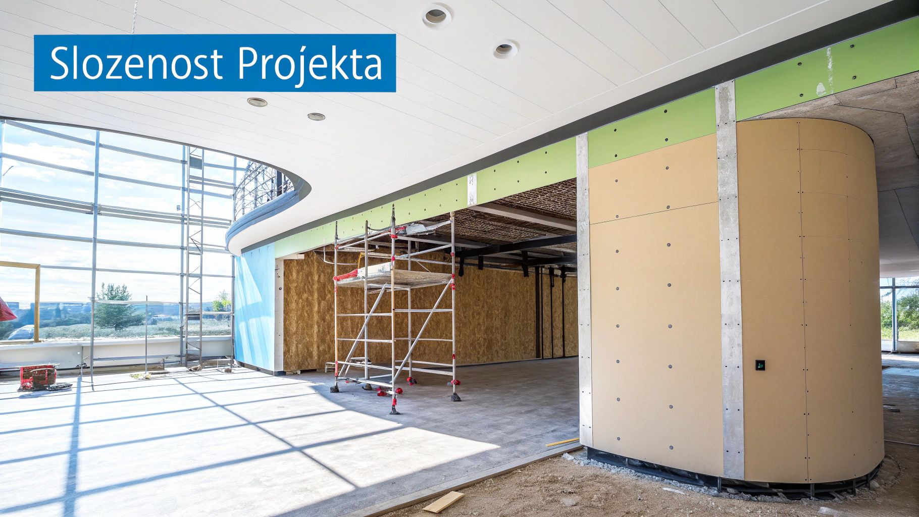 Unutrašnjost zgrade u izgradnji s velikim staklenim prozorima, skelama i nedovršenim zidovima. Natpis 'Složenost Projekta'.