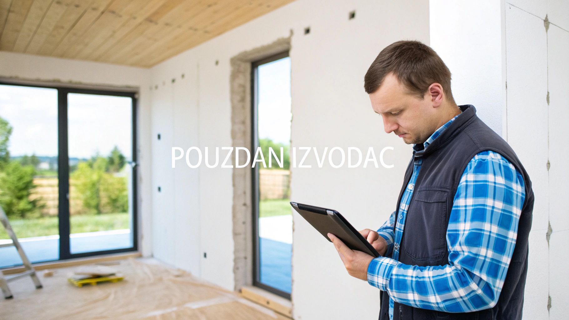 Građevinski radnik ili inženjer pregledava digitalni plan na tabletu unutar nedovršene kuće. Tekst