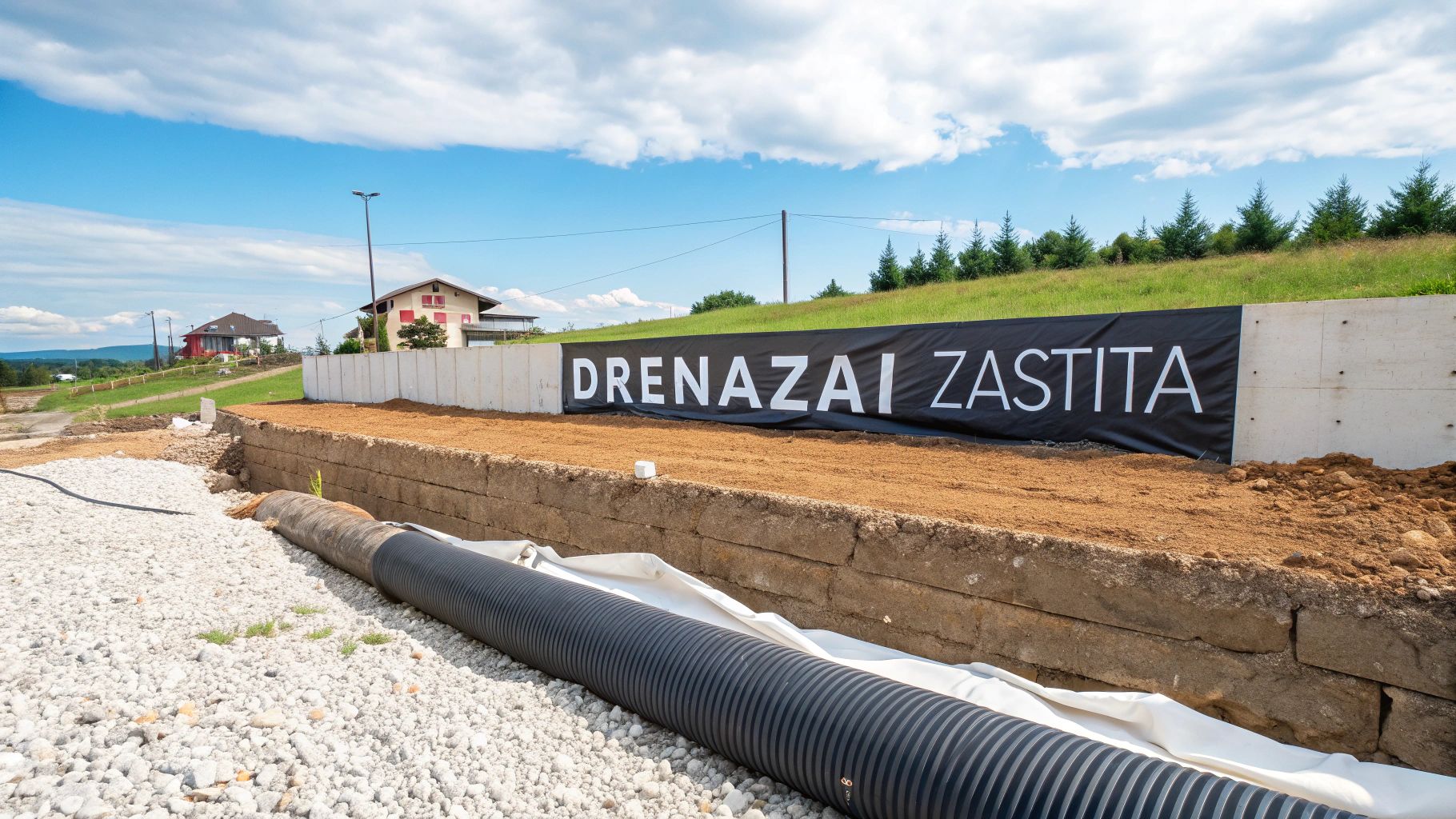 Cestica na gradili&scaron;tu s crnom trakom DRENAZAI ZASTITA i cijevi za odvodnju u prvom planu.