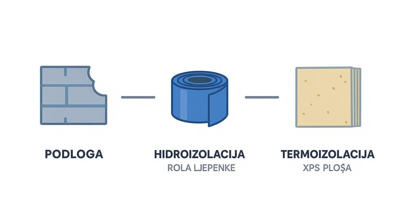 Dijagram prikazuje slojeve izolacije: podlogu, hidroizolaciju (rolu ljepenke) i termoizolaciju (XPS ploče).