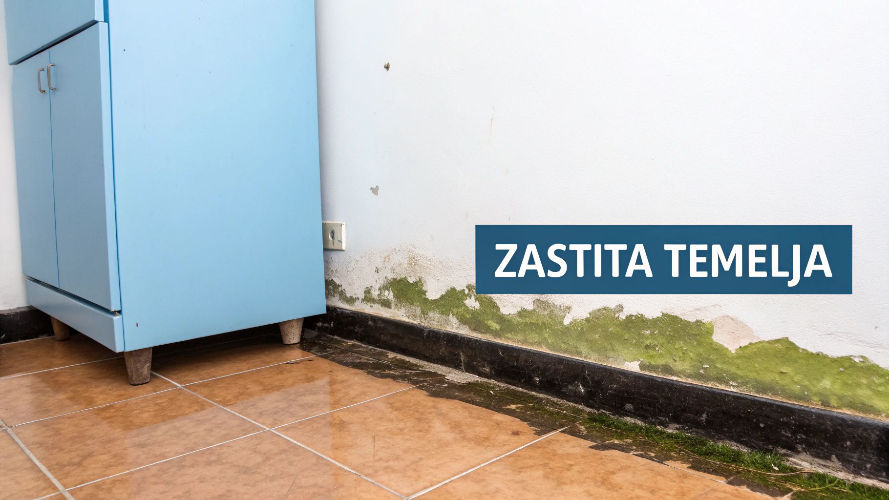 Slika prikazuje o&scaron;tećenje zida od vlage i plijesni u sobi, pored plavog ormara. Istaknut je tekst 'ZA&Scaron;TITA TEMELJA'.