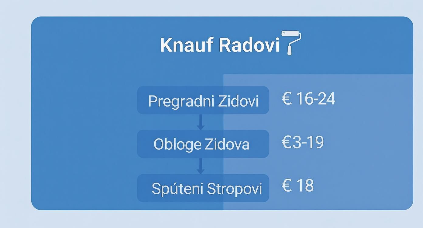Prikaz cijena Knauf radova, uključujući pregradne zidove, obloge zidova i spuštene stropove, s detaljima o troškovima po usluzi.